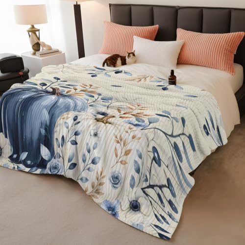 Fall Throw Blanket, Blue Pumpkin Thanksgiving Fluffy Soft Blankets for Couch Bed Travel, Autumn Eucalyptus Leaves Plush Microfiber Striped Flannel Blankets, Vintage Lightweight Sofa Blankets 50"x80" - Image 3