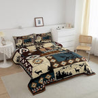 Deer and Bear Wild Animal Bedding Set King Size,Tribal Exotic Style Patchwork Plaid Comforter Set Room Decor for Home,Retro Rustic American Geometric Microfiber Down Comforter,with 2 Pillowcases - Image 2