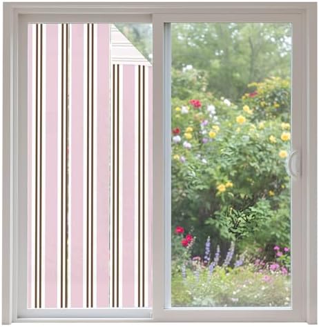 Window Privacy Film Frosted, Pink Brown Striped Non-Adhesive Static Cling Window Tint, Modern Farmhouse Vertical Stripes Insulated Windows Frosted Films for Living Room, 35.4 x 78.7 Inches by Unknown