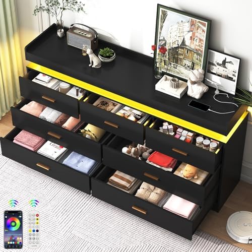 jiteentarou 7 Drawer Dresser with Charging Station and LED Lights, Modern Chest of Drawers with Power Outlet, Organizer Cabinet for Bedroom, Living Room, Entryway, Black - Image 5