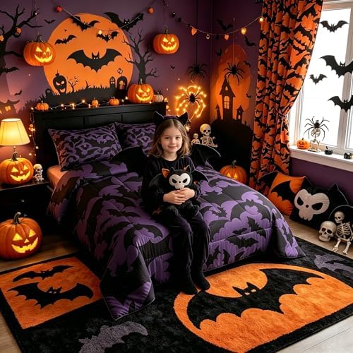 Castle Fairy Halloween Themed Bedding Comforters Queen Size,Black Bats Animal Print Comforter Set with 2 Pillowcases,Dark Purple Color 3pcs Children Adult Duvet Set,Soft - Image 2