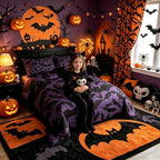 Halloween Themed Bedding Set King Size,Black Bats Animal Print Comforter Set Room Decor for Couple,Dark Purple Color Microfiber Down Comforter,2 Pillowcases - Image 2