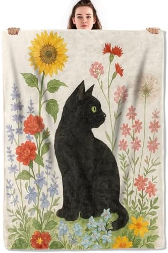 Black Cat and Wildflowers Throw Blanket, Lightweight Warm Watercolor Kitten and Sunflower Floral Flannel Blanket, Home Decor and Gifts, Soft Cozy Blankets for Women Kids, 50"x60" for Bed Couch Travel by Unknown