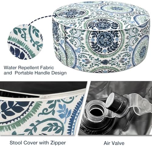 Outdoor Inflatable Stool Ottoman D31”xH14”, All Weather Portable Footrest Stool, Furniture Stool Ottomans for Home Garden Beach, Celadon Wreath - Image 3