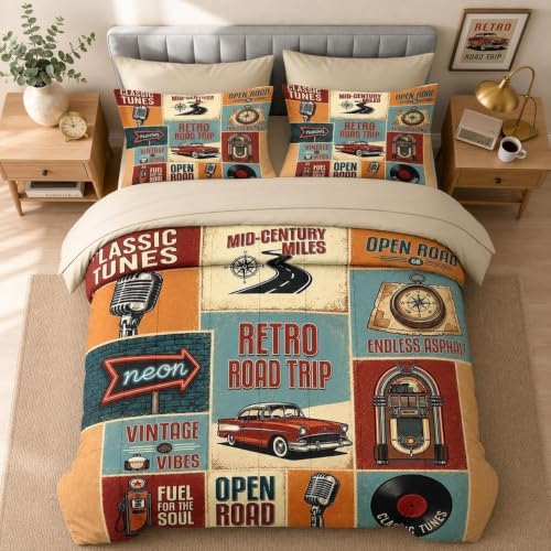 WeCozy Queen Comforter Set with Sheets, 7 Pieces Retro Car Bedding by WeCozyHomeDecor