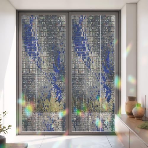Window Privacy Film Static Cling, Blue Slate Gray Decorative Stained Glass Window Film for French Doors/Wide Windows/Statement Glass Panels, Geometric Modern Industrial Abstract Art 35.4 x 78.7 Inches - Image 3