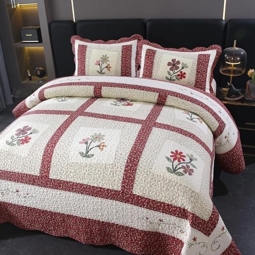 vctops Christmas Red 2 Piece Embroidered Floral Quilted Bedspread Quilt Set 100% Cotton Reversible Patchwork Coverlet Set 1 Quilt and 1 Pillow Sham (Red,Twin) - Image 4