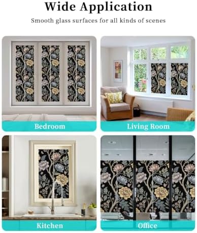 Window Privacy Film Frosted, Vintage Garden Flower Reusable Static Cling Window Tints, Rustic Floral Leaf Pastoral Black Heat Control Windows Films for Offices, Balcony, 29.5 x 118 Inches - Image 7