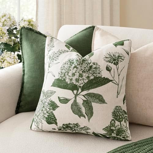 Foindtower Set of 2 Linen Floral Throw Pillow Covers Neutral Vintage Print Decorative Cozy Cushion Covers Farmhouse Boho Home Decor for Sofa Chair Couch Bedroom Living Room,20×20 Inch,Dark Green - Image 4