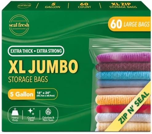 Seal Fresh 5 Gallon Large Plastic Storage Bags - 18 x 24 Inch (60 Count) - Reusable Write-On XXL Extra Large Big Oversized Clear Jumbo Zip Top Bags with Sealable Zipper for Clothes, Travel, Moving by SealFresh