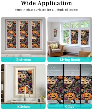 Window Privacy Film Frosted, Pumpkins Halloween Reusable Static Cling Window Tints, Black Horror Purple Floral Heat Control Windows Films for Offices, Balcony, 29.5 x 118 Inches - Image 7