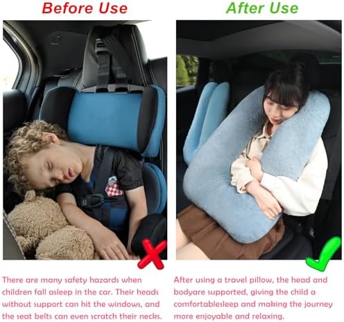 Kids Travel Pillow for Car Seat with Hand Muff, Cartoon Neck & Headrest Seat Belt Pillow for Car Road Trips Long-Distance Travel Sleeping Pillow for Adults and Children, Pink - Image 2