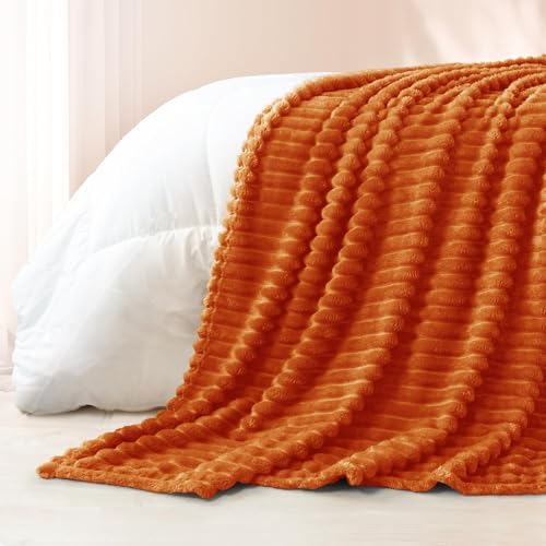 Exclusivo Mezcla Striped California King Fleece Bed Blanket, Burnt Orange - Image 5