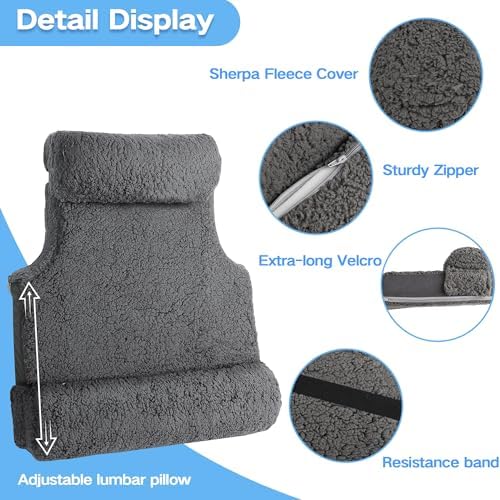 3-in-1 Lumbar Support Pillow with Headrest for Recliner, Memory Foam Back Cushion Set with Adjustable Side Bolster for Targeted Lower Back Pain Relief, Plush Sherpa Fleece Cover, Grey - Image 5