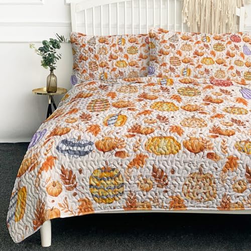 BlessLiving Queen Quilt Colorful Pumpkin Maple Leaf Halloween Fall Bedding by BlessLiving
