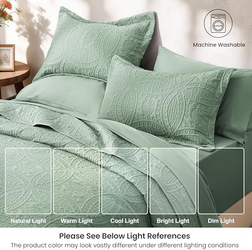 Love's cabin Queen Quilt Set Sage, Bed in a Bag Queen Size Bedding 7 Pieces, Ultrasonic Embossed Coin Pattern Comforter, Lightweight Bedspreads for All Seasons Quilt with Sheets, Pillowcases & Shams - Image 6