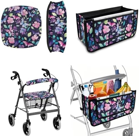 LedBack Flowers Mobility Scooter Accessories for 3 Pcs, Leaves Floral Rollator Walker Seat and Backrest Covers Rollator Walker Storage Basket for Seniors by LedBack