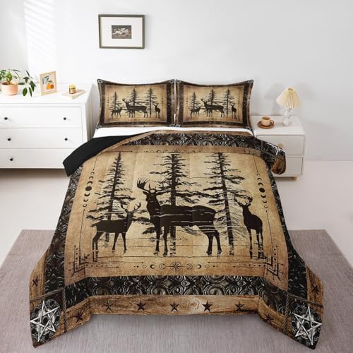 Erosebridal Rustic Deer Comforter Set Farmhouse Cabin Bedding Set Full Western Woodland Wildlife Bedding Comforter Sets for Kids Boys Adults Men Black Retro Country Animal Quilt Duvet 3 Pcs - Image 2
