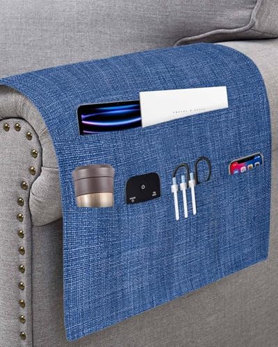 Sofa Armrest Organizer Bedside Caddy, Navy Blue Non Slip Couch Remote Control Holder for Recliner, Vintage Country Monochrome Farmhouse Armchair Caddy with Pocket for Magazine, Phone, 19.7"x35" - Image 3