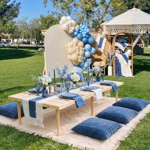 Beeveer Extra Large Outdoor Boho Picnic Blanket 91'' x 71'' Blue Table Runner 6 Throw Pillow Cover Woven Cotton Yarn Oversize Beach Blanket Washable for Picnic Camp Wedding - Image 2