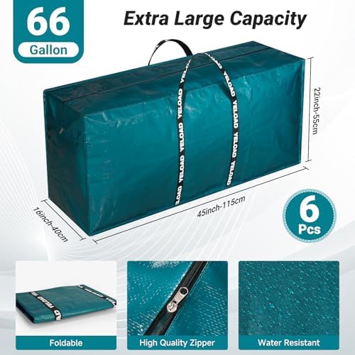 66 Gallon Extra Large Storage Bags 6 Pack – Light Green XXL Heavy Duty Waterproof Moving Tote Bags for College Dorm, Travel, Clothes & Bedding Foldable Zippered Duffle with Handles - Image 4