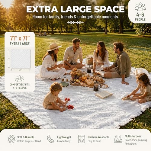 White Picnic Blanket, Oversized 71'' x 71'' Cotton Polyester Boho Beach Blanket, Lightweight Outdoor Mat, Machine Washable for Park, Camping & Photoshoot (White) - Image 3
