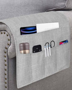 Sofa Armrest Organizer Bedside Caddy, Grey Burlap Texture Non Slip Couch Remote Control Holder for Recliner, Farmhouse Vintage Gray Armchair Caddy with Pocket for Magazine, Phone, 19.7"x35" - Image 3