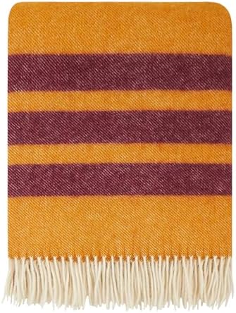 New Zealand Virgin Wool Throw Blanket, Indoor & Outdoor Blankets and Throws, Striped Soft Blanket with Fringes, 55 x 79 in (140 x 200 cm), Mustard Red by Cozy+Blankets