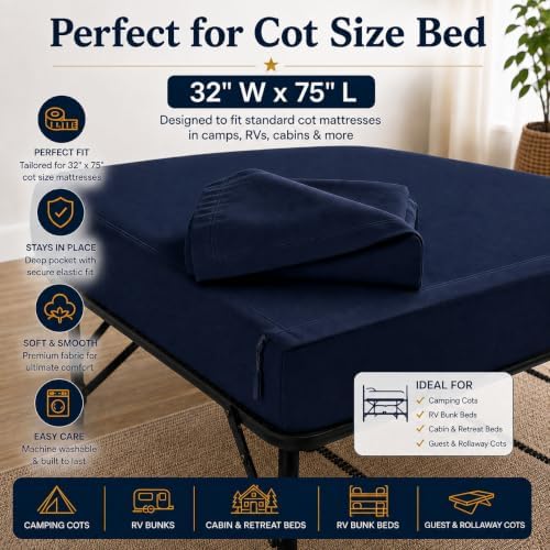 Zipper Cot Fitted Sheet, 32 x 75 Camping Cot Mattress Sheets, 400 Thread Count 100% Cotton, Includes 1 Wraparound Base, 2 Removable Zipper Top Sheets & 2 Pillowcases, 8 Inch Deep Pocket, Navy Blue - Image 2
