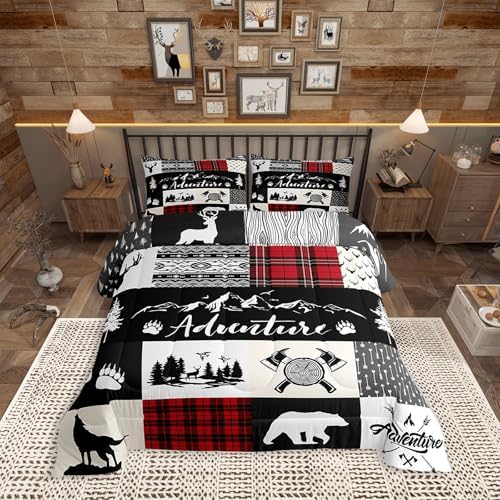 Castle Fairy Deer Antlers Comforter Set King Size,Bear Pine Wolf Hunting Camper Bedding Set All Season Quilt Set,Adventure Rustic Farmhouse Red Plaid Microfiber Polyester Down Comforter by CastleFairy