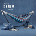 Vivere Double Cotton Hammock with Space Saving Steel Stand, Upgraded Polyester End Strings 450 lb Capacity - Premium Carry Bag Included - USA Grown Cotton (Denim) - Image 2