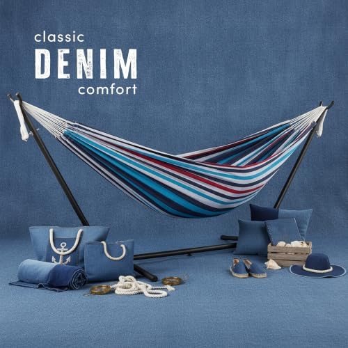Vivere Double Cotton Hammock with Space Saving Steel Stand, Upgraded Polyester End Strings 450 lb Capacity - Premium Carry Bag Included - USA Grown Cotton (Denim) - Image 2