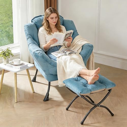 HollyHOME 15"(H) Folding Footrest Stool, Upholstered Small Foldable Ottoman, Accent Padded Sofa Foot Stool for Lazy Chair, Metal Frame Portable Foot Rest Ottoman for Home, Living Room, Bedroom, Blue - Image 2