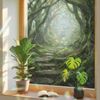 Green Forest Window Privacy Film Rainbow Static Cling Stain Glass Window Film for Glass Door, Decorative Heat Blocking Sunroof Decal Sticker for Car Home 29.5"x78.7" Misty Light Rustic Cottagecore - Image 3