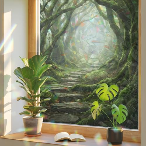 Green Forest Window Privacy Film Rainbow Static Cling Stain Glass Window Film for Glass Door, Decorative Heat Blocking Sunroof Decal Sticker for Car Home 23.6"x78.7" Misty Light Rustic Cottagecore by AMZRicher