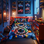 King Size Comforter Sets for Boys Kids,Racing Car Bedding Comforter Sets,Cars Bedding for Teens Men,Cars Lover Bedding,Cool Race Cars Quilt Bed Set with 1 Comforter 2 Pillowcases(Blue Red) by CastleFairy