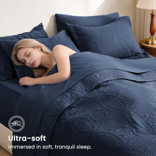Love's cabin King Quilt Set Navy, Bed in a Bag King Size Bedding 7 Pieces, Ultrasonic Embossed Coin Pattern Comforter, Lightweight Bedspreads for All Seasons Quilt with Sheets, Pillowcases & Shams - Image 4