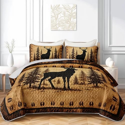 HOSIMA Rustic Deer Bedding Twin,Vintage Brown Quilt with 2 Pillowcases. by HOSIMA