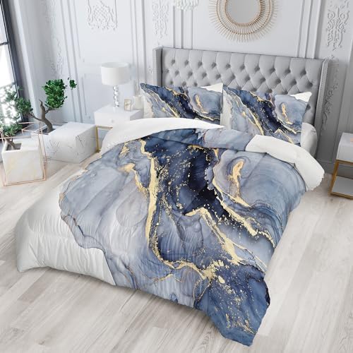 Nttopship Marble Comforter Set Grayish blueMarble Bedding Set Full Size ，Soft Microfiber Minimalist Wind Marble 1 Comforter with 2 Pillowcases - Image 2