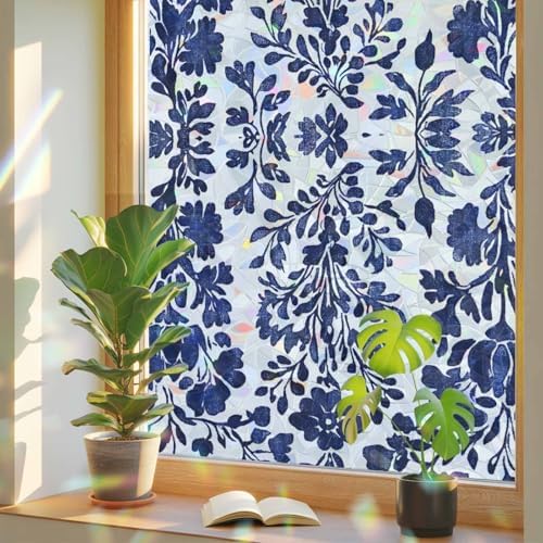 Blue Spring Floral Window Privacy Film Rainbow Static Cling Stain Glass Window Film for Glass Door, Decorative Heat Blocking Sunroof Decal Sticker for Car 35.4"x78.7" Summer Botanical Farmhouse - Image 3