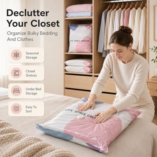 No-Pump Vacuum Storage Bags, Large Press & Seal Compression Bag, Reusable 3D Space Saver Organizer Bags Without Pump for Clothes, Bedding, Blankets, Travel, Closet Storage(3set,M+L) - Image 3