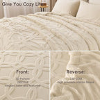 PHF Soft Sherpa Fleece Blanket King, Tufted Jacquard, 01-Oat Milk - Image 4