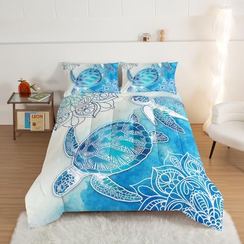 HOSIMA Sea Turtle Queen Comforter Set,Coastal Bedding with 2 Pillowcases. - Image 2