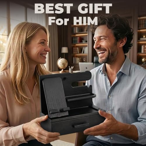TESLYAR Wood Phone Docking Station with Drawer - Nightstand Organizer for Men, Bedside & Desk Organizer with Key & Watch Hooks - Birthday Gifts for Men, Dad, Husband (Fumed Black) - Image 4