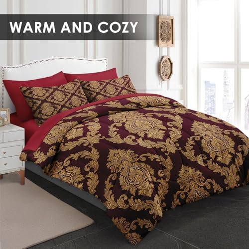 WeCozy King Comforter Set with Sheets, 7 Pieces Damask Red Bedding - Image 4