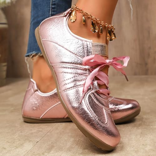 Women's Lace-up Fashion Ballerina Sneakers Dressy Ballet Flats Comfortable Tennis Walking Casual Shoes Fashion Lightweight Workout Athletic Low Top Glossy Round Toe Sports Dance Shoes - Image 2
