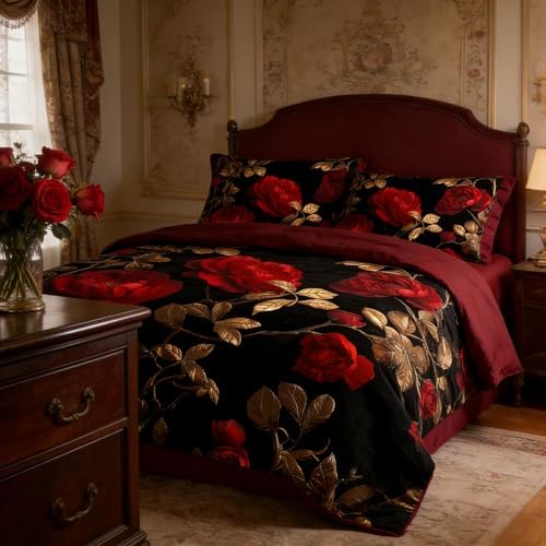 CCoutueChen Vintage Floral Comforter Set Full Size, Red and Black Bedding Set with Gold Botanical Leaves, Dark Burgundy Soft Microfiber Comforter for Adult Women, 3Pcs 2 Pillowcases / 79"x90" - Image 2