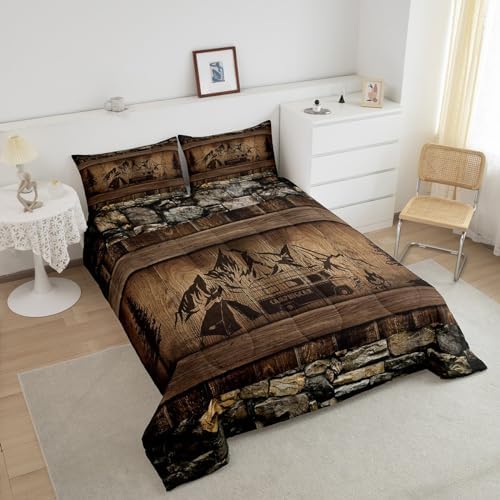 Erosebridal Rustic Farmhouse Bedding Sets Happy Camping Comforter Set for Camper Full,Country Cabin Lodge Camper Bedding Comforter Sets Rv Accessories for Travel Trailers Quilt Set Brown Black - Image 4