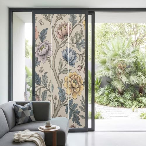 Window Privacy Film Frosted, Vintage Garden Flower Non-Adhesive Static Cling Window Tint, Rustic Floral Leaf Pastoral Beige Insulated Windows Frosted Films for Living Room, 35.4 x 78.7 Inches - Image 2