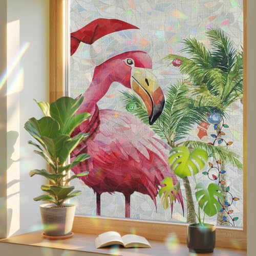 Christmas Flamingos Window Privacy Film Rainbow Static Cling Stain Glass Window Film for Glass Door, Decorative Heat Blocking Sunroof Decal Sticker for Car Home 35.4"x78.7" Xmas Balls Tree Rustic - Image 3